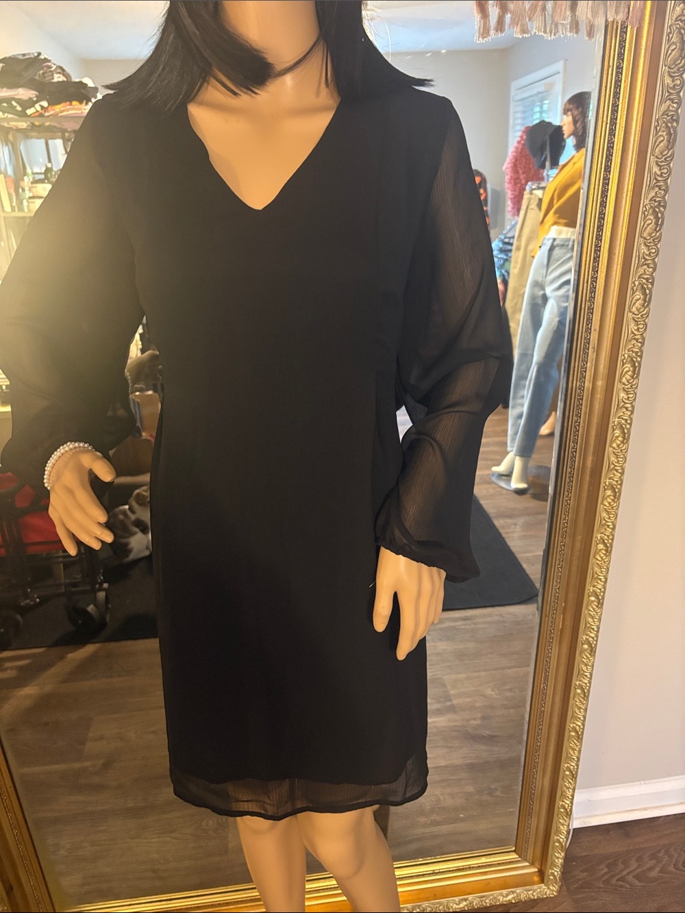 MSK Black V-Neck Long-Sleeve Shift Dress with Sheer Sleeves